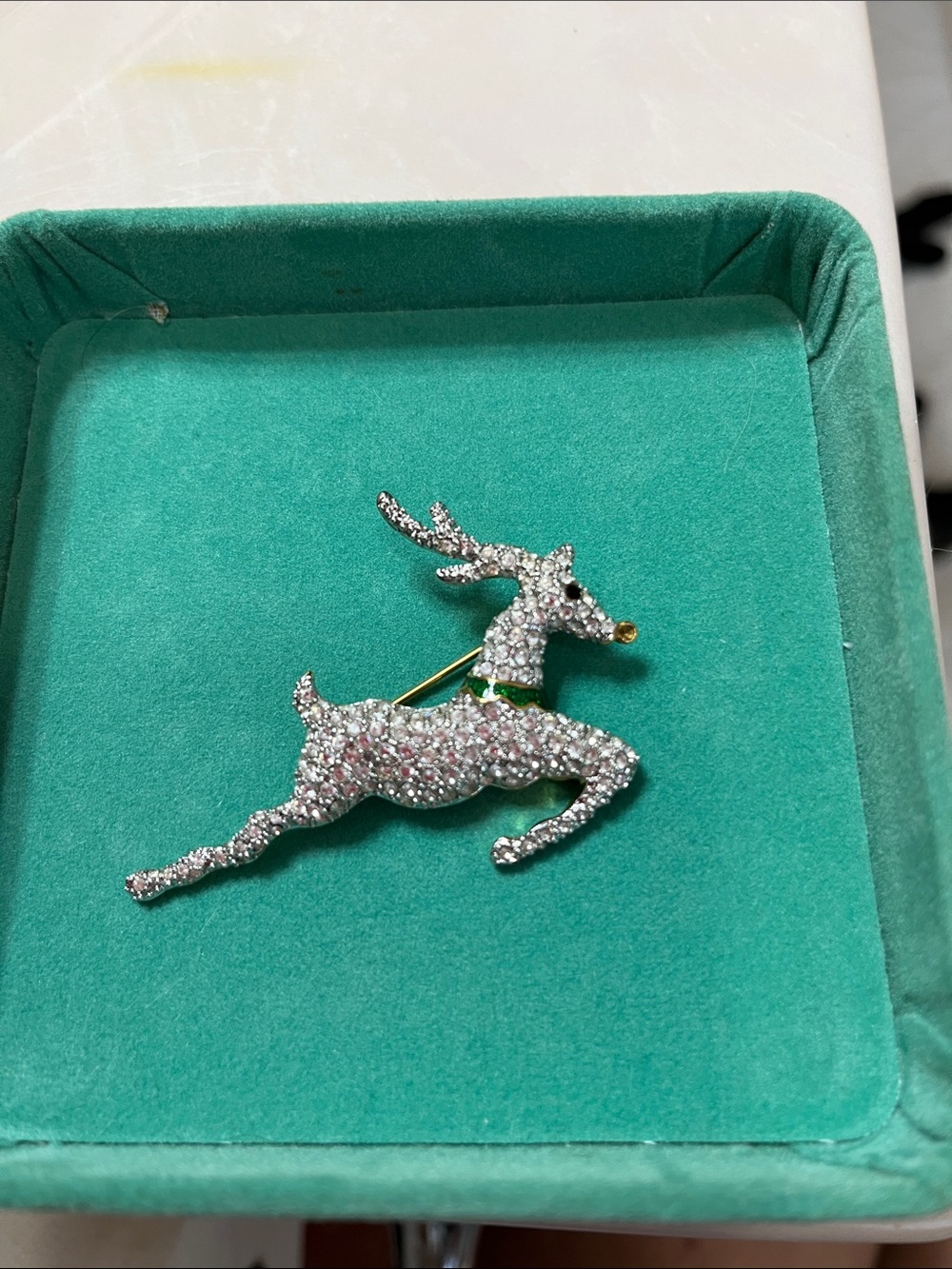 Franklin Mint Silver-Tone Rhinestone Reindeer Brooch with Gold Nose